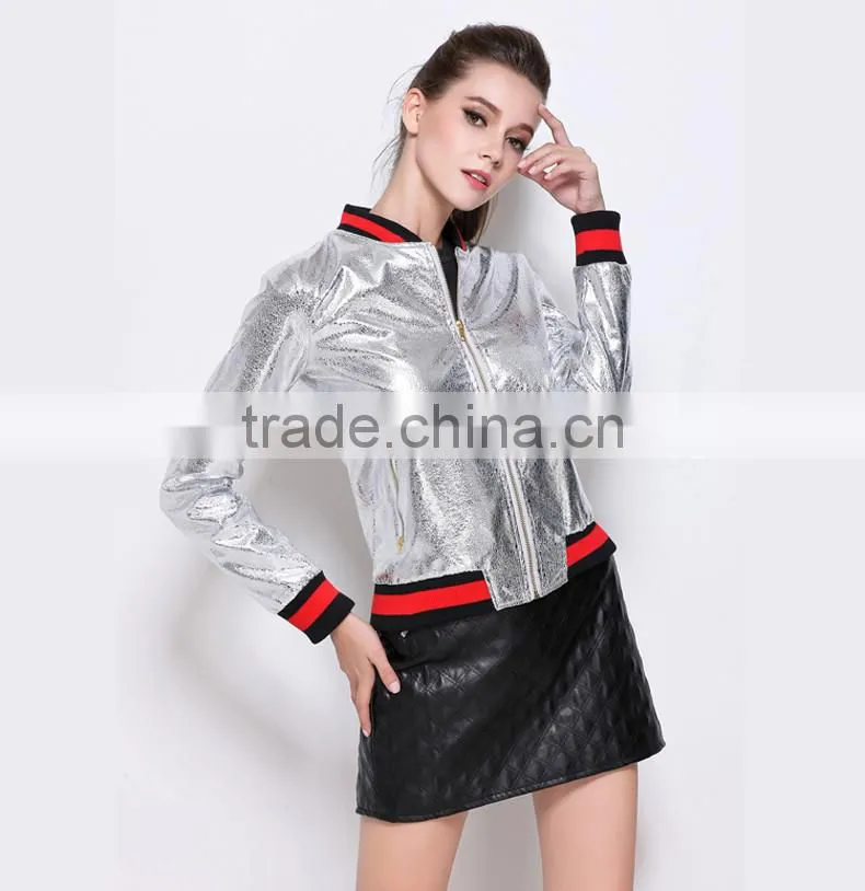 Outerwear Top Autumn High Quality Runway Coats Fashion Stand High Collar Baseball Uniform Silver PU Bomber Jacket Coat