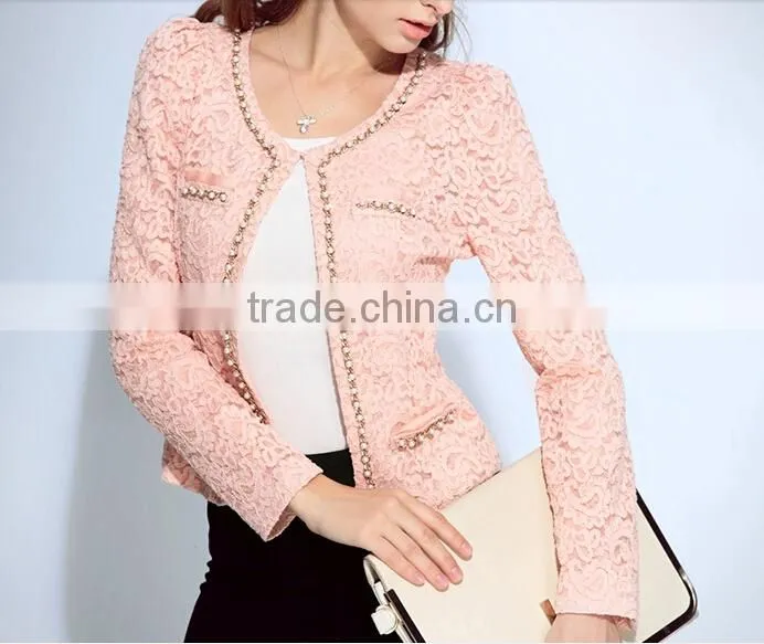 2015 ladies quality beaded coat long sleeve oem wholesale factory pink jackets coat