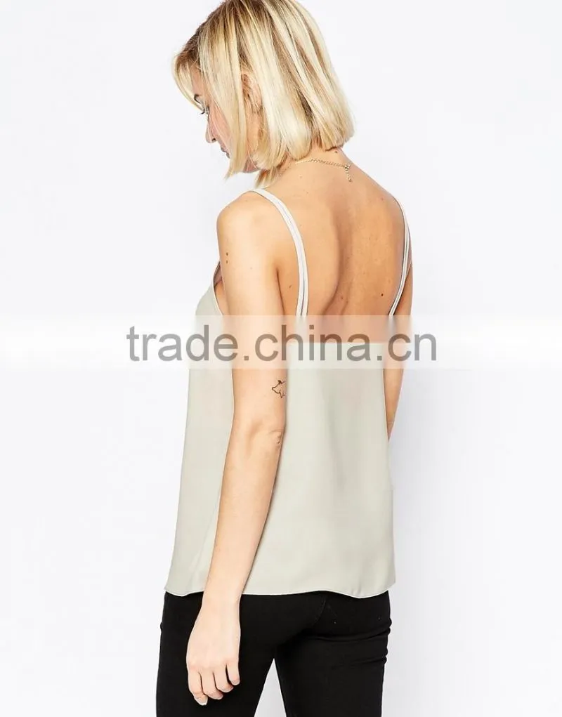 New Fashion Womens Fitness V-neck Backless Woven Cami Tops With Double Straps