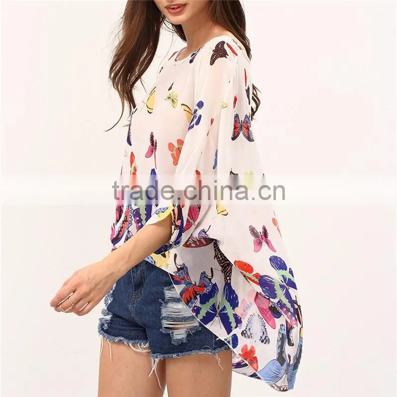 2017 ladies boho batwing sleeve chiffon butterfly neck design blouse