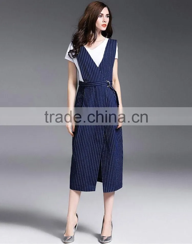Fashion Women Sleeveless Striped Spaghetti Strap Dresses New Design Denim Maxi Dress