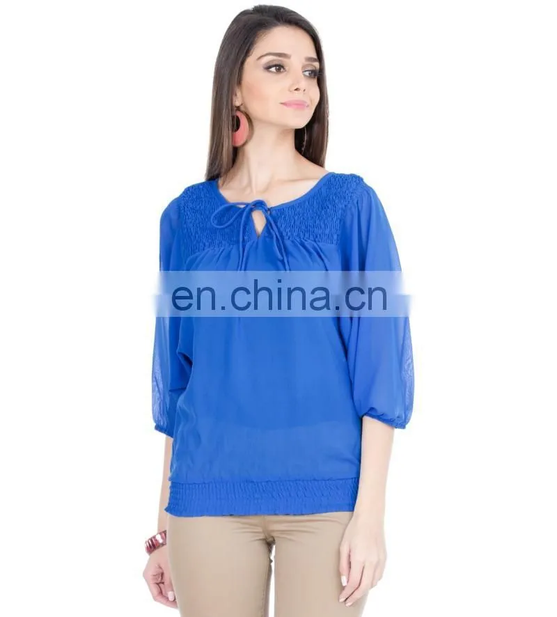 2015 Blue Top With Smocking And Tie-up women blue floral print tie-up top