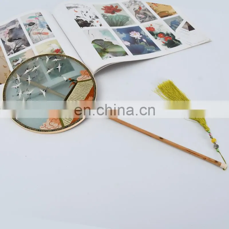 Chinese style multi-patternsilk embroidery dual-faced handmade fan with long wooden handle and tassel pendant(20*51cm)