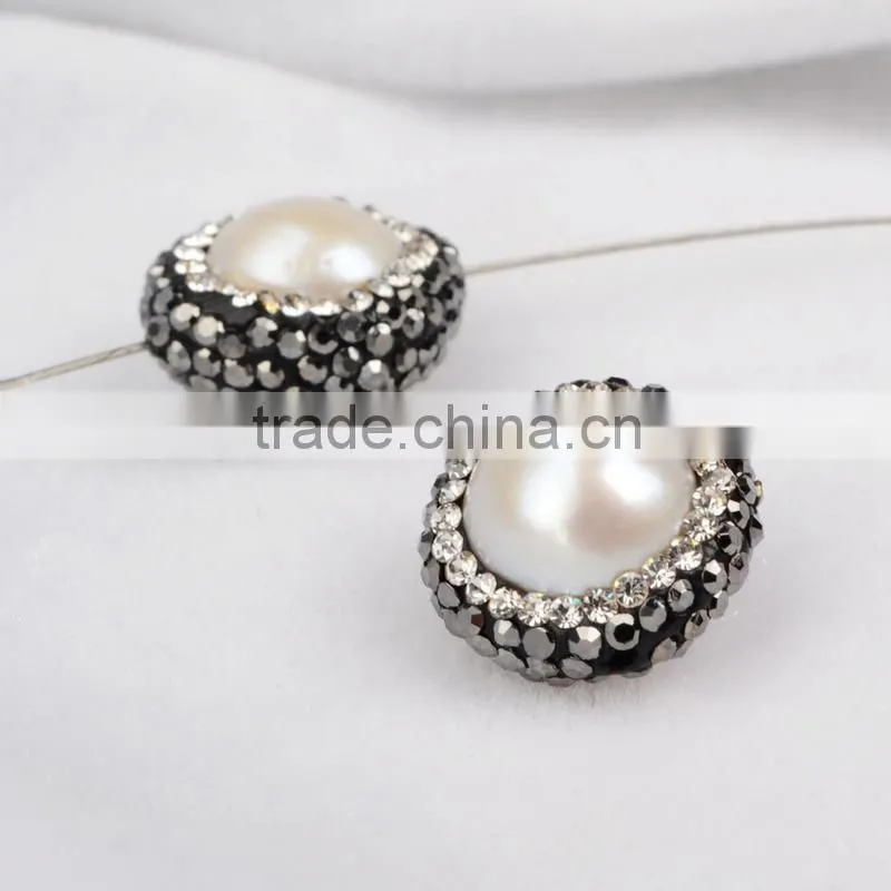 Classic round pearl beads with zircon, zircon pave pearl jewelry beads with hole