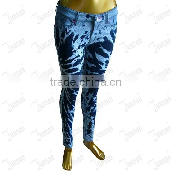 Lady's tie dye bleach jeans JS-10930# blue
