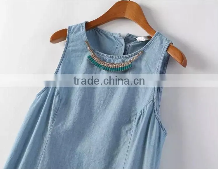 2014 new design Ladies sleeveless denim dress women light bule denim jeans dress