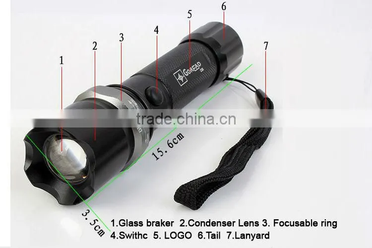 Goread C35 black aluminum high bright zoom Q5 LED 18650 rechargeable flashlight