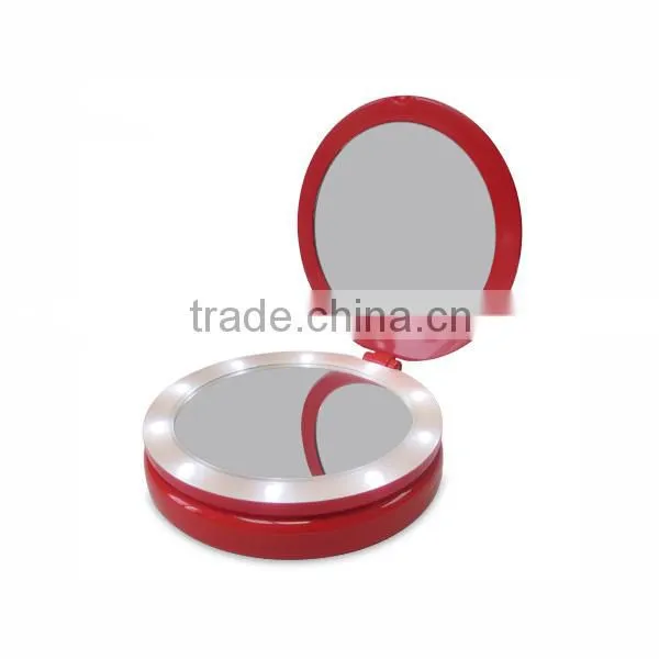 Plastic two way 5x magnifying compact travelling mirror with led light