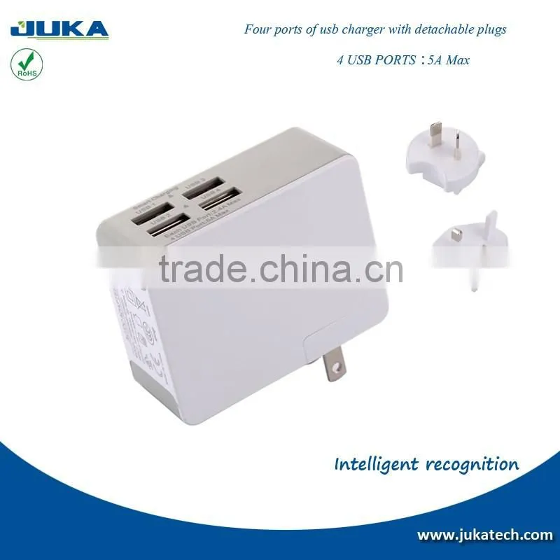 4 port usb travel charger with exchangeable plugs