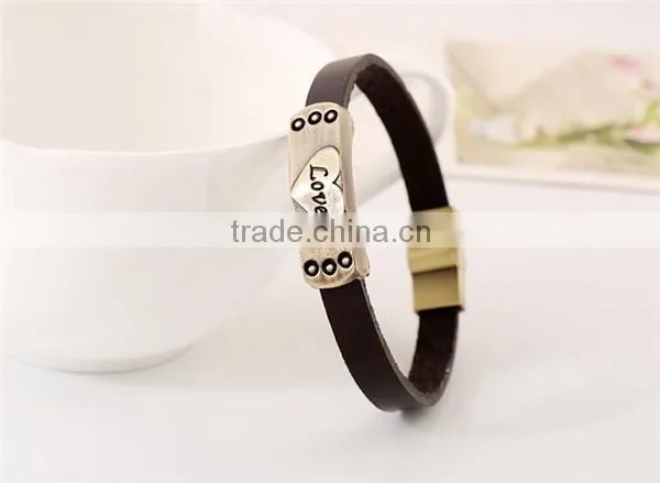 Alloy cowhide bracelet love heart metal plate couple magnetic leather bracelet