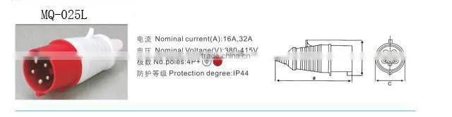 MQ-024 Series Male Electrical Industrial Red Plug&Socket 3p+e IP44 32A