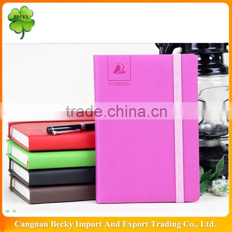 Colorful leather cover line printing logo embossed office/school writing notepad/diary with elastic ribbon closure