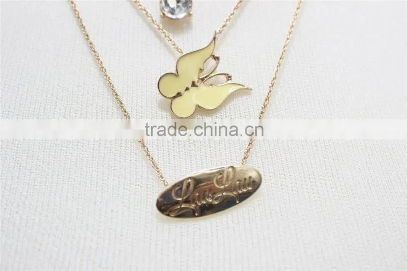 Gold Chain Layered Set Necklace w/Clear Teardrop Diamond Yellow Butterfly Metal Necklace 2016 Fashion Style Wholesale