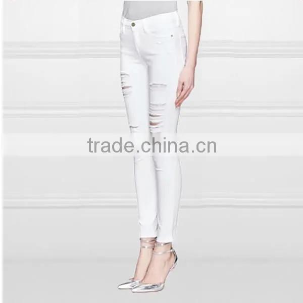 2014 Fashion China Wholesale White stretch cotton distressed holes latest design denim fabric jeans pants factory