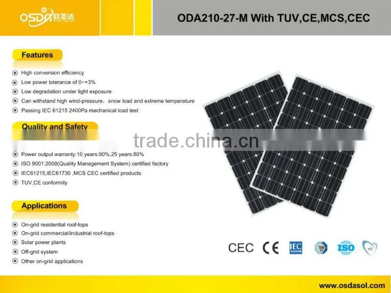 TUV MCS CEC certificated 210W mono solar panel