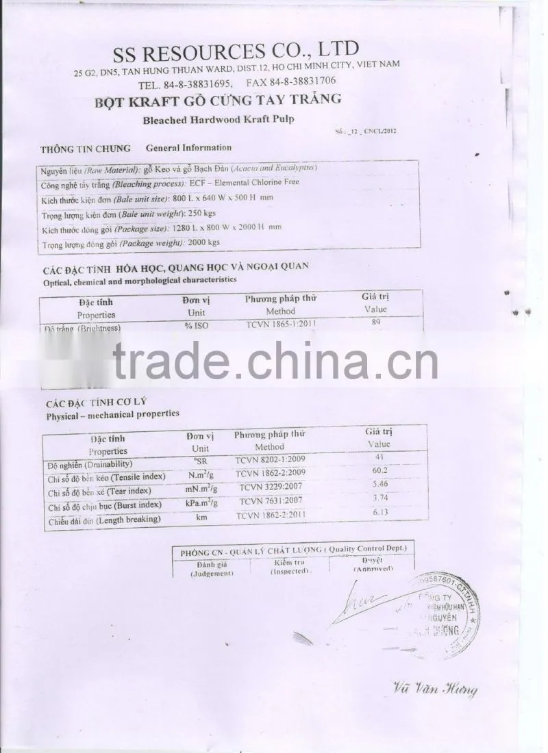 Acacia Bleached hardwood kraft Pulp in Vietnam