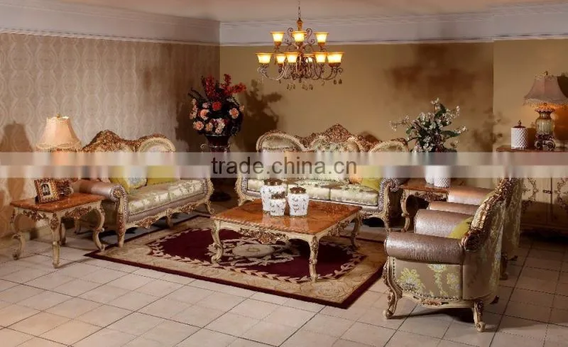 Luxury Classic Golden Antique Full Solid Wood Sofa Set, Wedding Sofa For Bride And Groom(MOQ=1 SET)