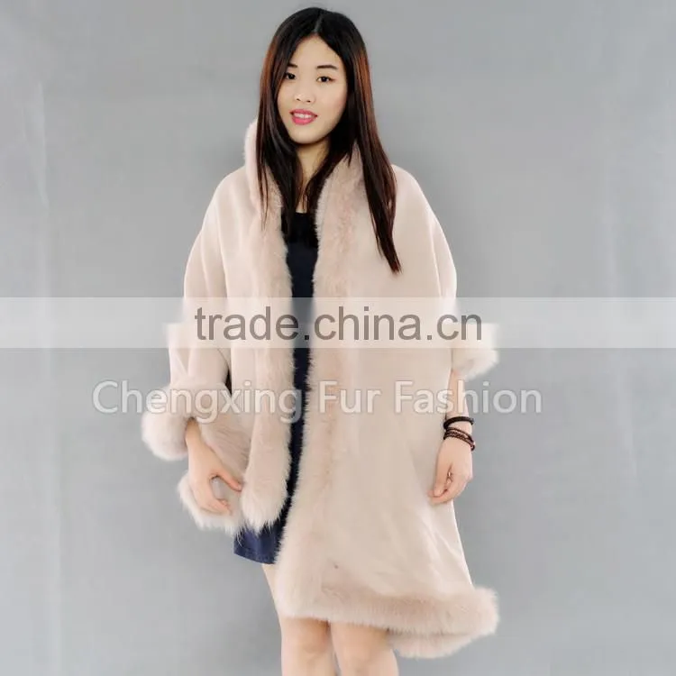 CX-B-P-25E Factory Wholesale Women Pashmina Cashmere Fur Trim Cape