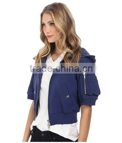 Stacked multipurpose zip pocket at left sleeve Welt hand pockets with snap closure Zip Front Hooded Sweatshirt