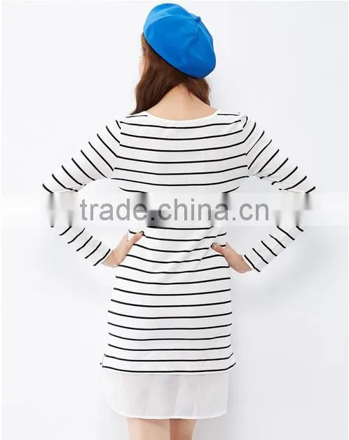 For women this white collar and body text printed chiffon stitching knitted stripes long-sleeved dress