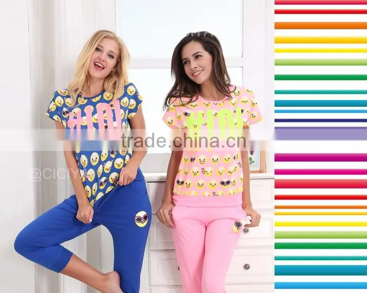 TOP DESIGN WOMEN SUMMER COTTON FANCY SMILE PRINTING TOP AND BERMUDA PAJAMAS