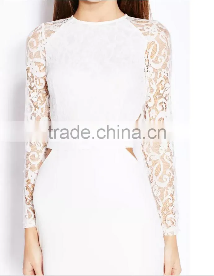 High quality wholesale China factory trendy style long sleeve summer lace midi dress
