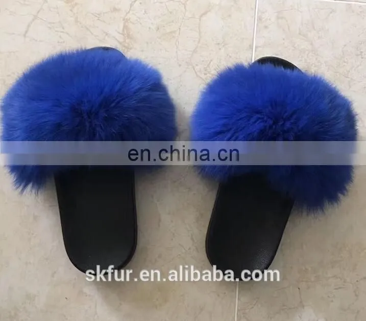 Factory wholesale long hair and soft real fox fur slides for women