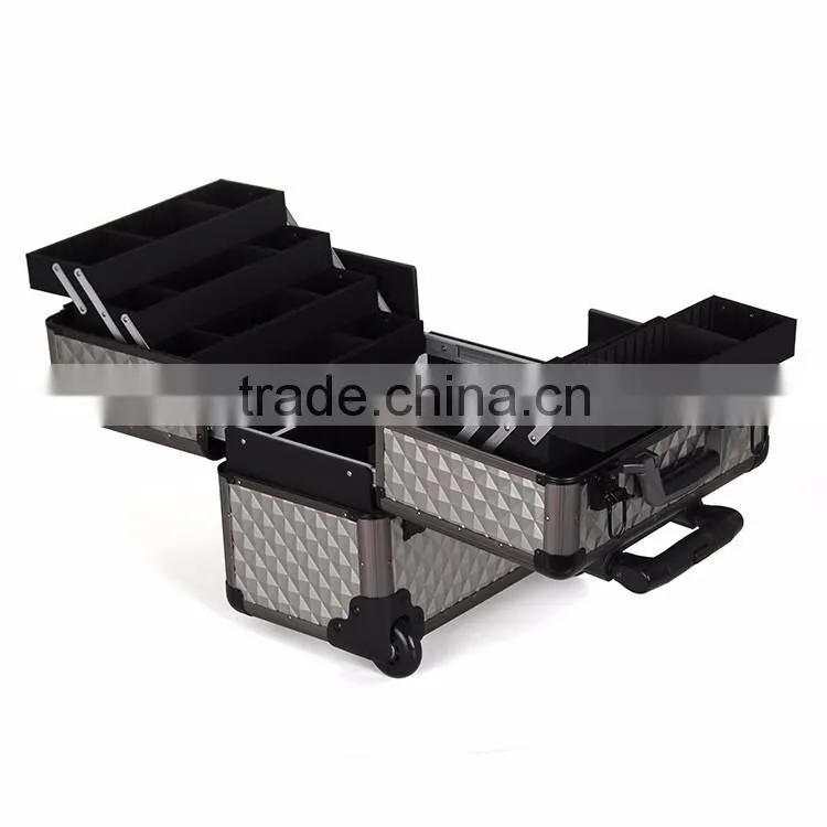 2016 high quality aluminum trolley make up case beauty display case with rolling wheels