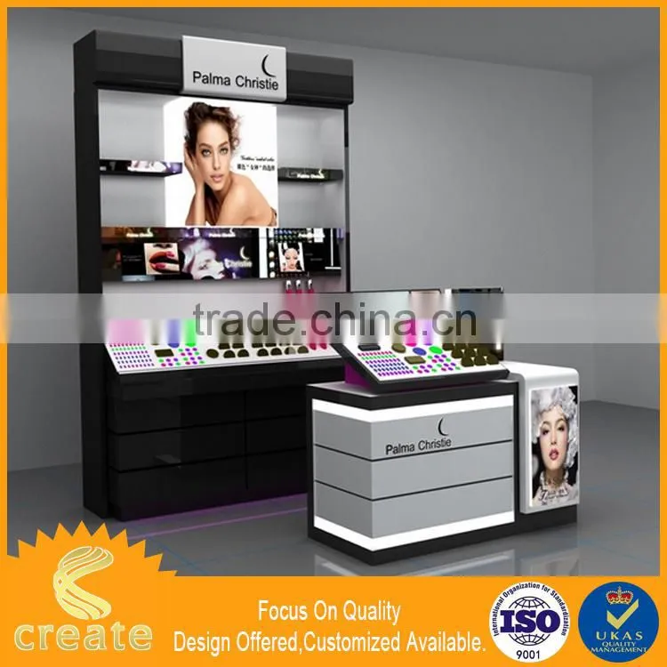 Wooden fashion cosmetic shop showcase design , Cosmetic display cabinet with mall kiosk furniture