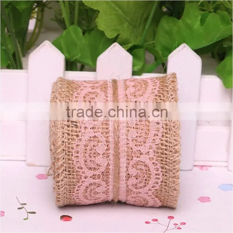 0.06*2M Jute Burlap colourful heart lace roll customized DIY decoration jute roll