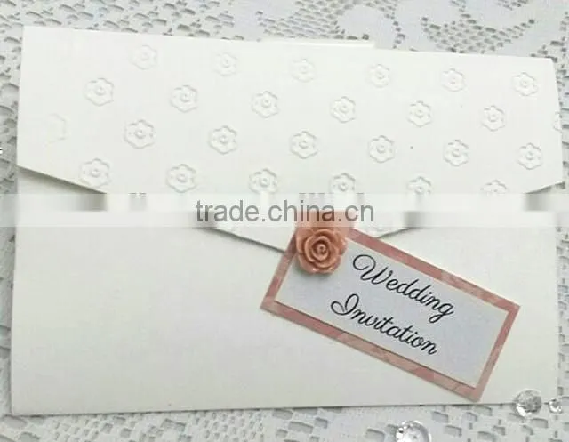Elegant floral embossed pocket fold white wedding invitations with invitation pad for wedding