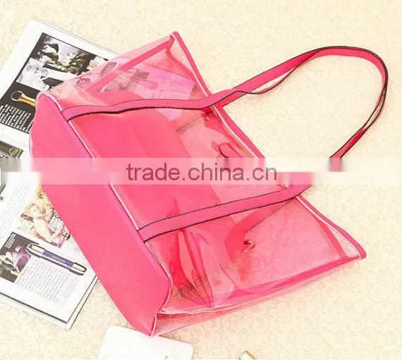 Transparent style 2 in One Women Leather Bags Handbag Clutch Tote Shoulder Bag . PVC beach bags orange
