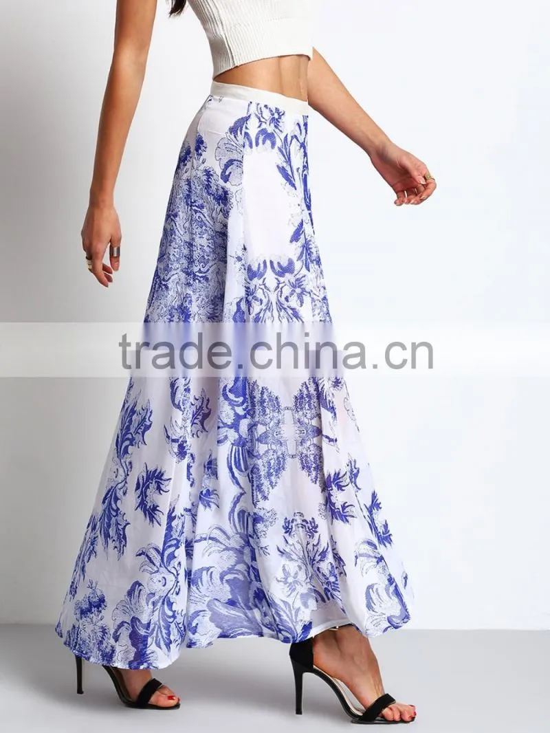 garment factory women print high cutting flowy long maxi skirt 2016