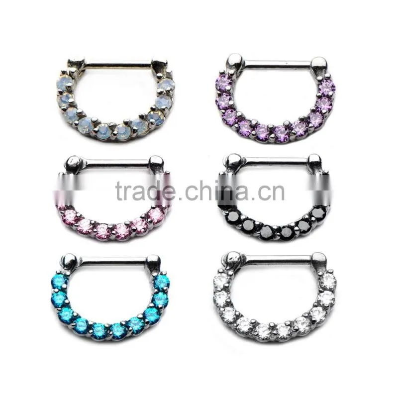 Surgical Steel Septum Clickers With Prong Set CZ Gems