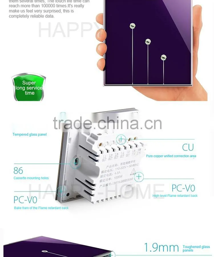 New Wallpad Pink LED Waterproof UK Crystal Glass 110~250V 4 gang 1 way Sensor Touch Screen Light Control Wall Switch
