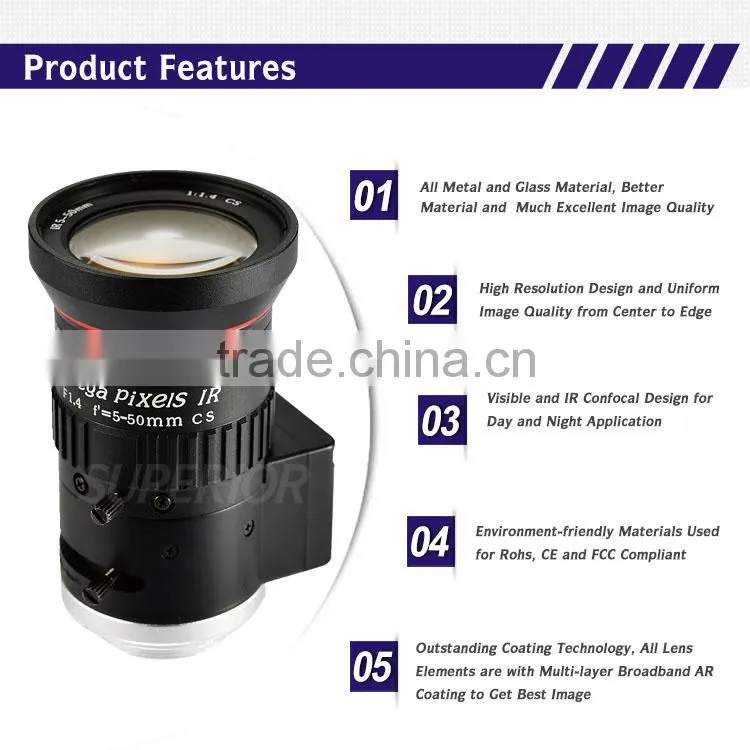 cn SUPERIOR 2015 new products 3 mp 5-50mm cs mount 1/2.7 inch F1.4 DC auto-iris varifocal lens