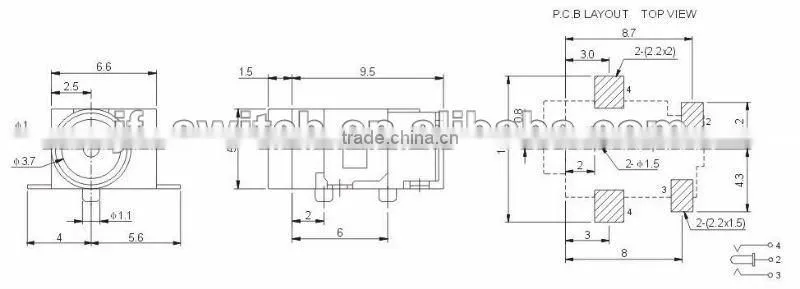 4 pin dc power jack DC-038-SMD /3.7mm/pin=1.0