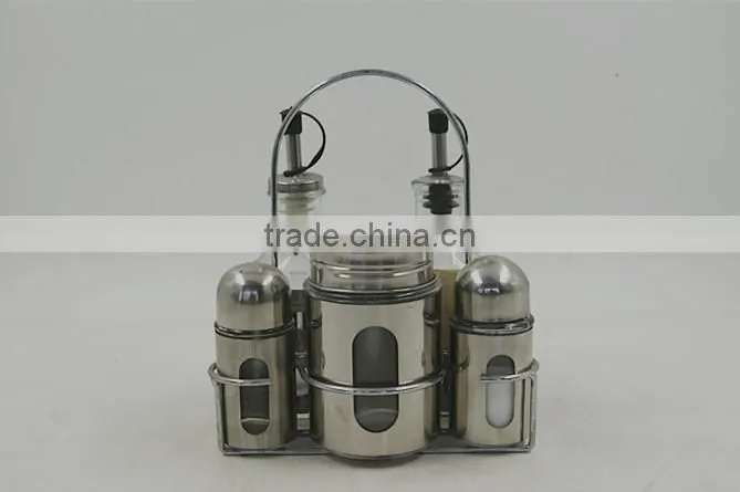 set of 5 Glass oil vinegar bottle spice jar set cruet set with metal coat shelf