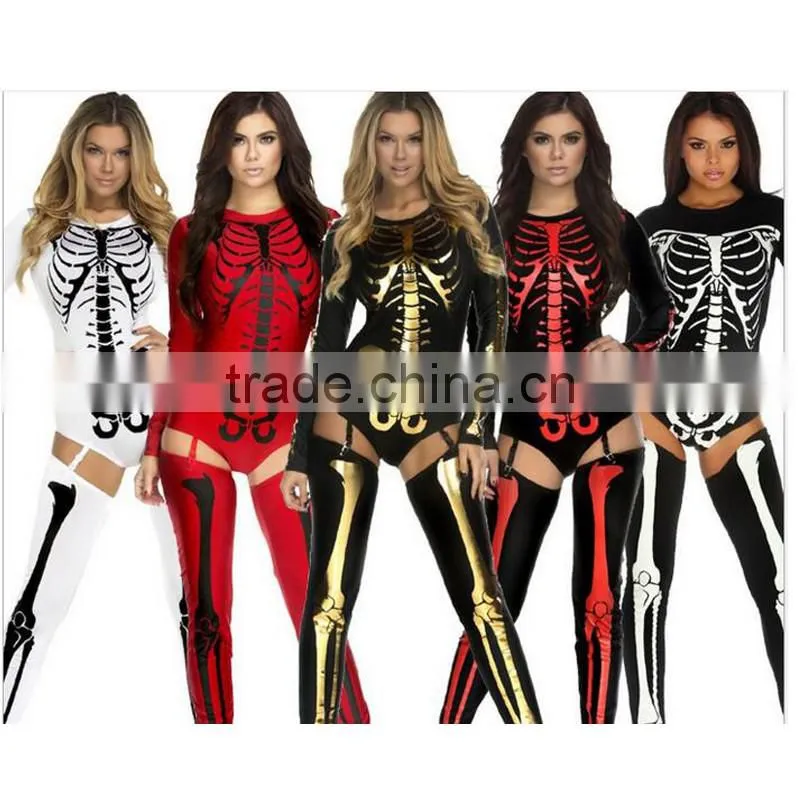 Sexy Women Halloween Scary Skeleton Tight Leotard Costume with sock