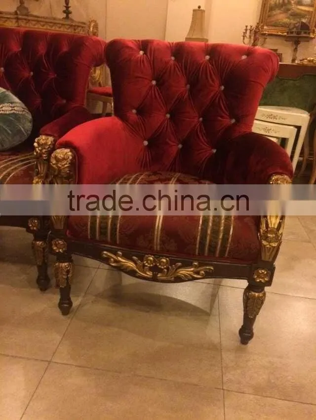 Great British Style Palace Single Sofa Chair, Hand Carved Wood Side Chair With Gold Leaf,Luxury Living Room Furniture Set