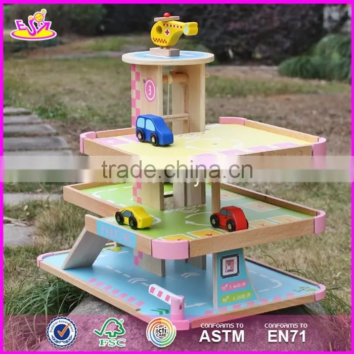 2017 new products lovely pink children wooden toy garage for cars W04B050