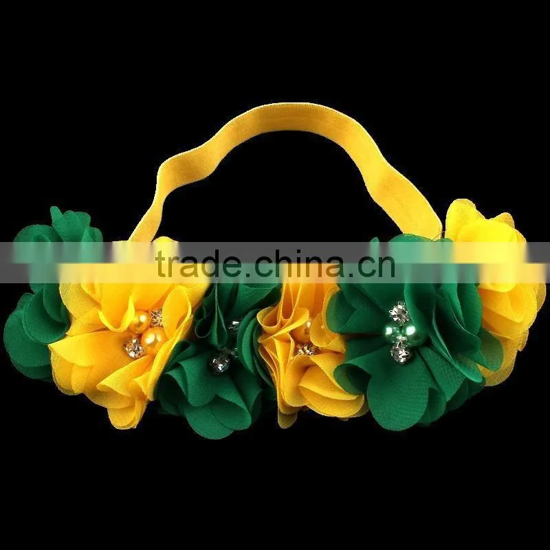 handmade chiffon flower headband with pearl beads center for kids hair accessories for baby girl
