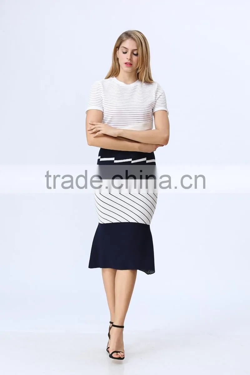 2016 New arrival white & black stripe knitted Crop and fishtail high waist knitted Skirt Co-ord Set