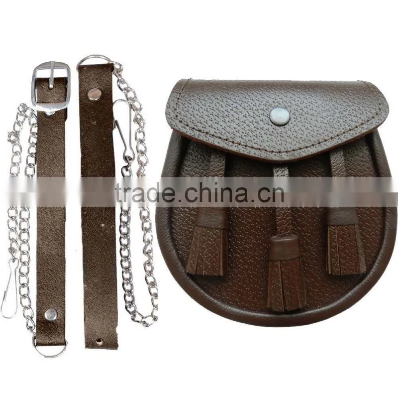 New Scottish Brown Three Tassel Leather Sporran For Kilt With Chain Belt