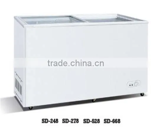 high quality flat glass sliding door chest freezer with top open glass