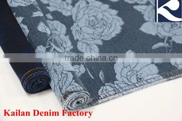 KD-628-12TY 280g Twill Indigo Black Flower Printed Knitted Denim Fabric