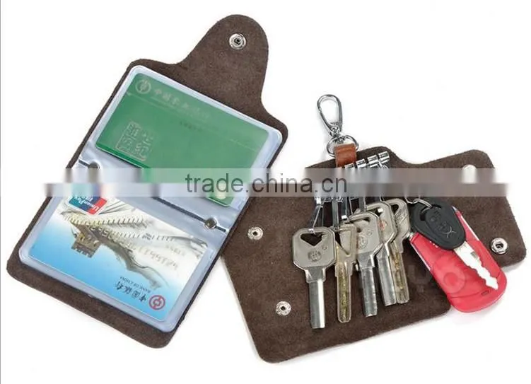 Cheap split soft leather card organizer bag with keychain holder