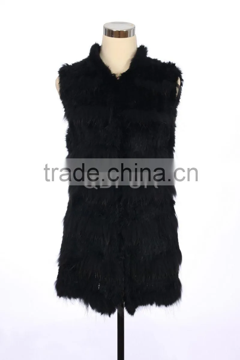QD30304-5 Womens Sweater Vest of Rabbit Fur Gilet with Raccoon Fur Patchwork Vests