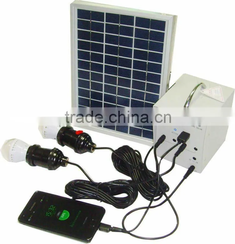 portable solar system 5W, 2 LED lights,1*5V USB, 4*12V output