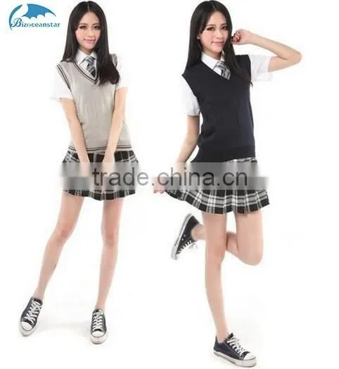 Girls Vest Sweater Uniforms Student School Uniform V-neck Cotton Vest Short/Long Sleeve Shirt Plaid Skirt